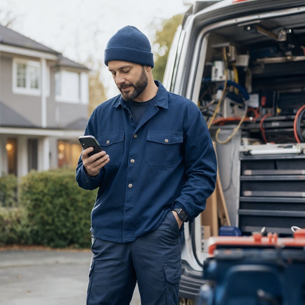 A home services technician checking his phone beside his work van.