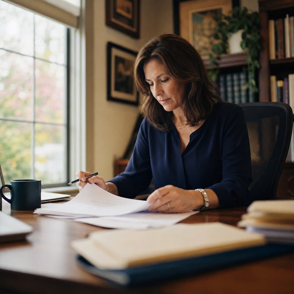 A professional reviewing papers at a warm wooden desk in a small law office.